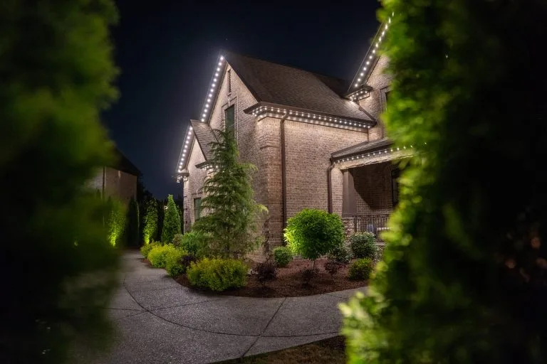 A beautifully lit house is framed by lush greenery at night